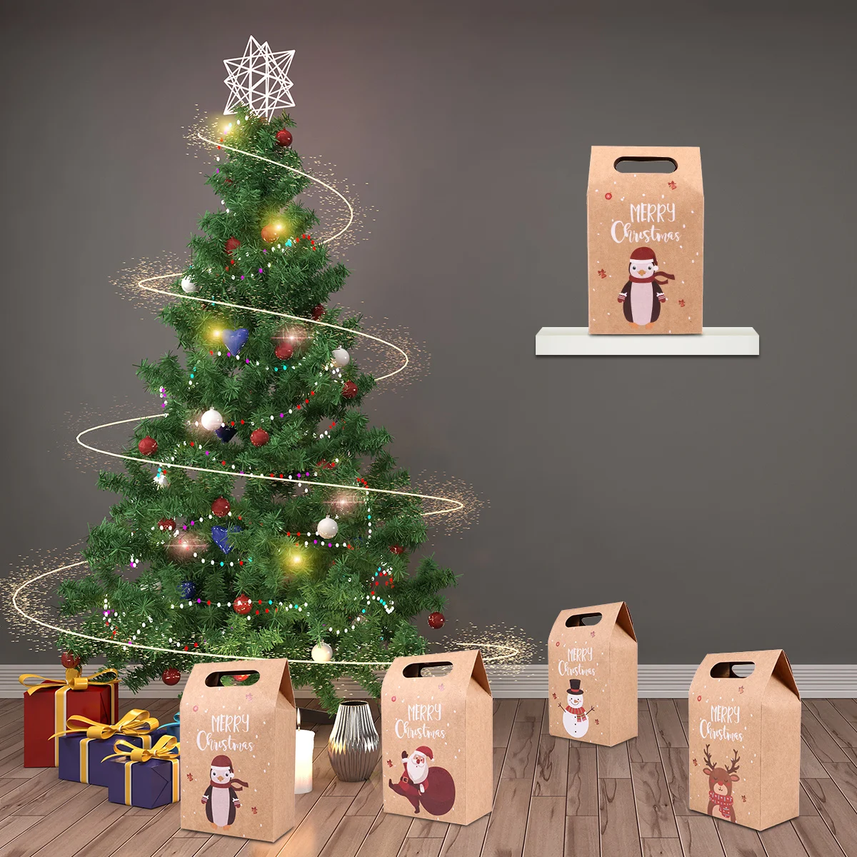 

24pcs Christmas Apple Gift Box Bag Kraft Paper Candy Packaging Sturdy Bottom Stand Up Cookie Chocolate Popcorn Pouch Festive