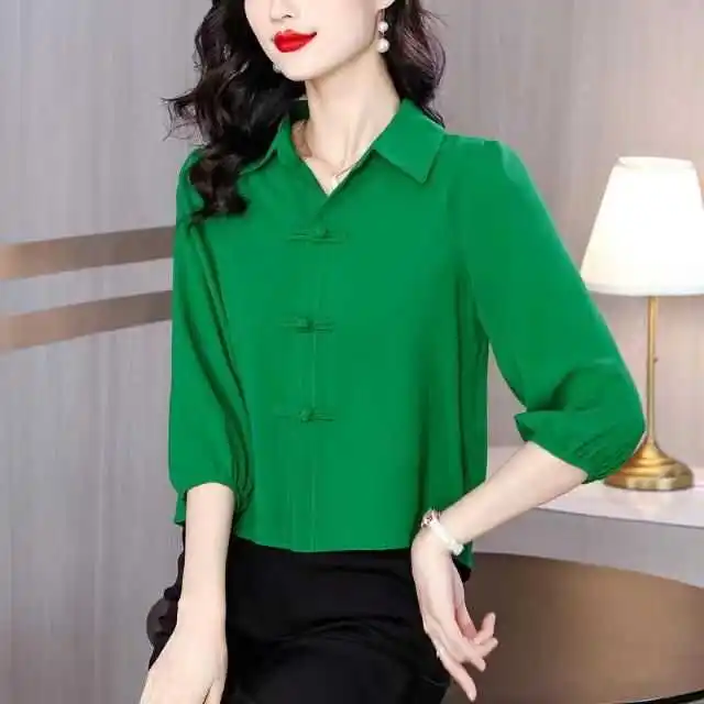 

Elegant Lady's Shirt Seven-Quarter Sleeve Button-Up Collar Loose Fit Commute Style Polyester Spring Summer New Arrival