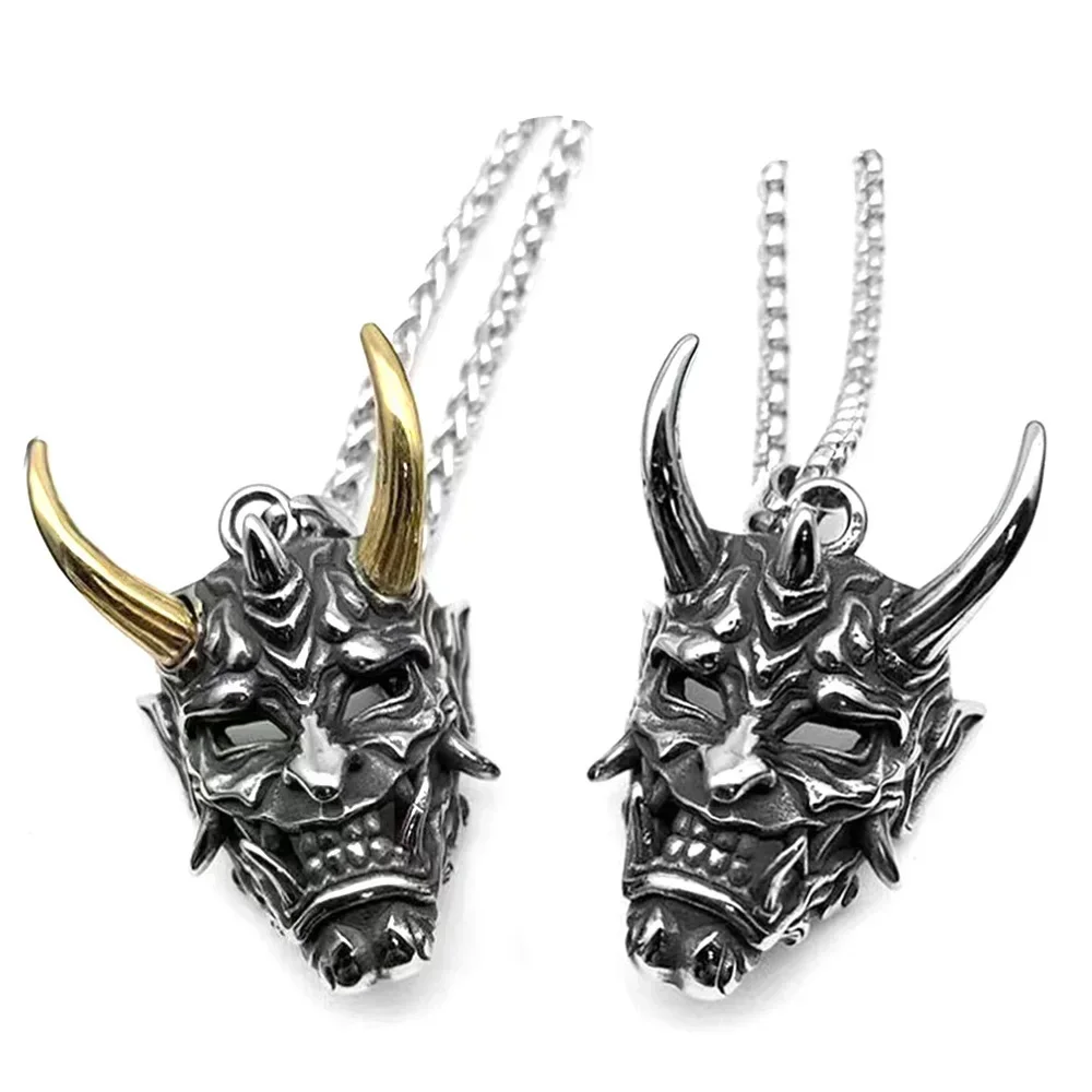 Punk Rock Hip Hop Gothic Antique Silver Gold Color Japanese Fangs Ghost Mask Prajna Warrior Horn Pendant Necklace Vintage