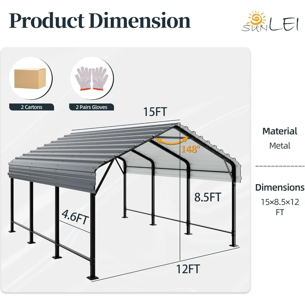 12x15 ft carport, heavy duty carports canopy with galvanized steel roof and frame, metal carportes upgraded extra large garage