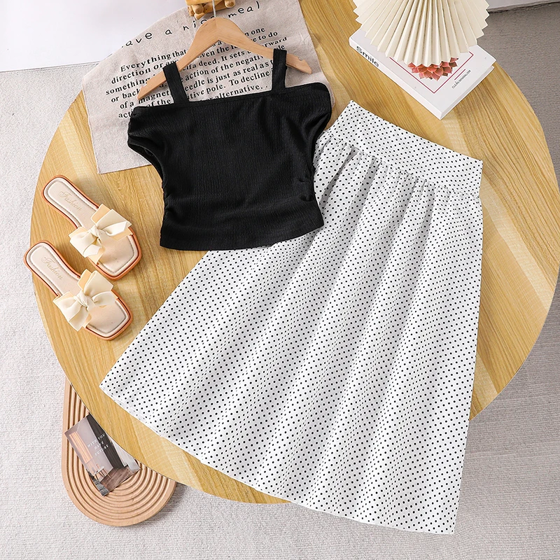 Stylish Kids Girls Cami Skirt Suit Black Top Polka Dot Skirt Summer Clothes for School Picnic Street Look 8-12Y