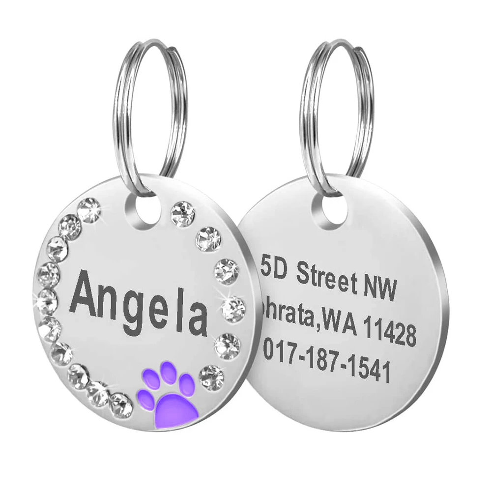 Stainless Steel Engraved Pet Name Collar Pendant ID Tags Personalized Anti-lost Engraved Diamond Pendant Necklace For Cat Dog ID