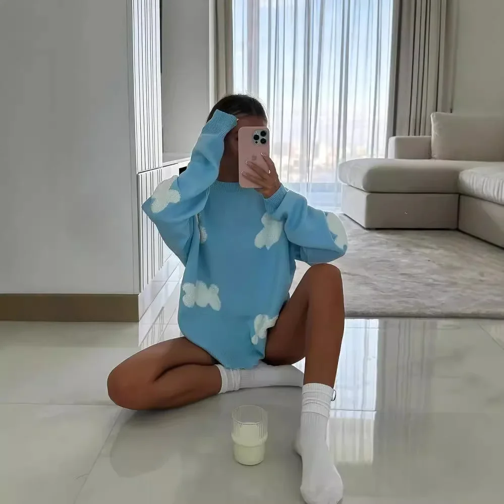 

Трикотаж с длинным рукавом и круглым вырезом, женские шикарные женские топы, свитер с милым сердечком для женщин, модный милый винтажный свободный вязаный пуловер