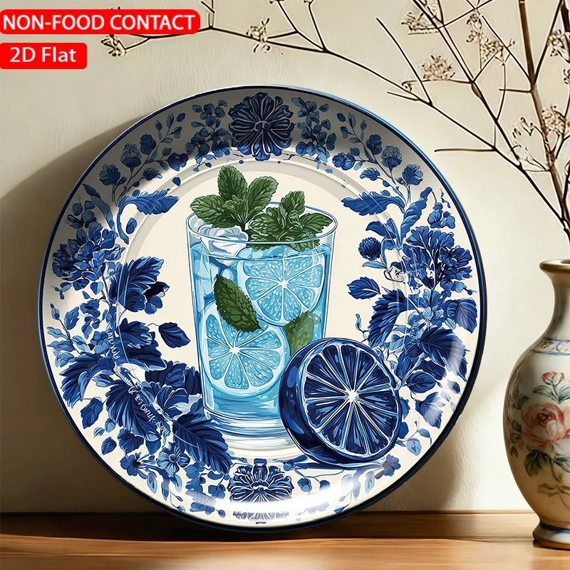 1pc FORJN Modern Ceramic Decorative Plate - Round Blue Floral Lemon Wall Plate Suitable, Living Room,, Non-Food Contact Dish
