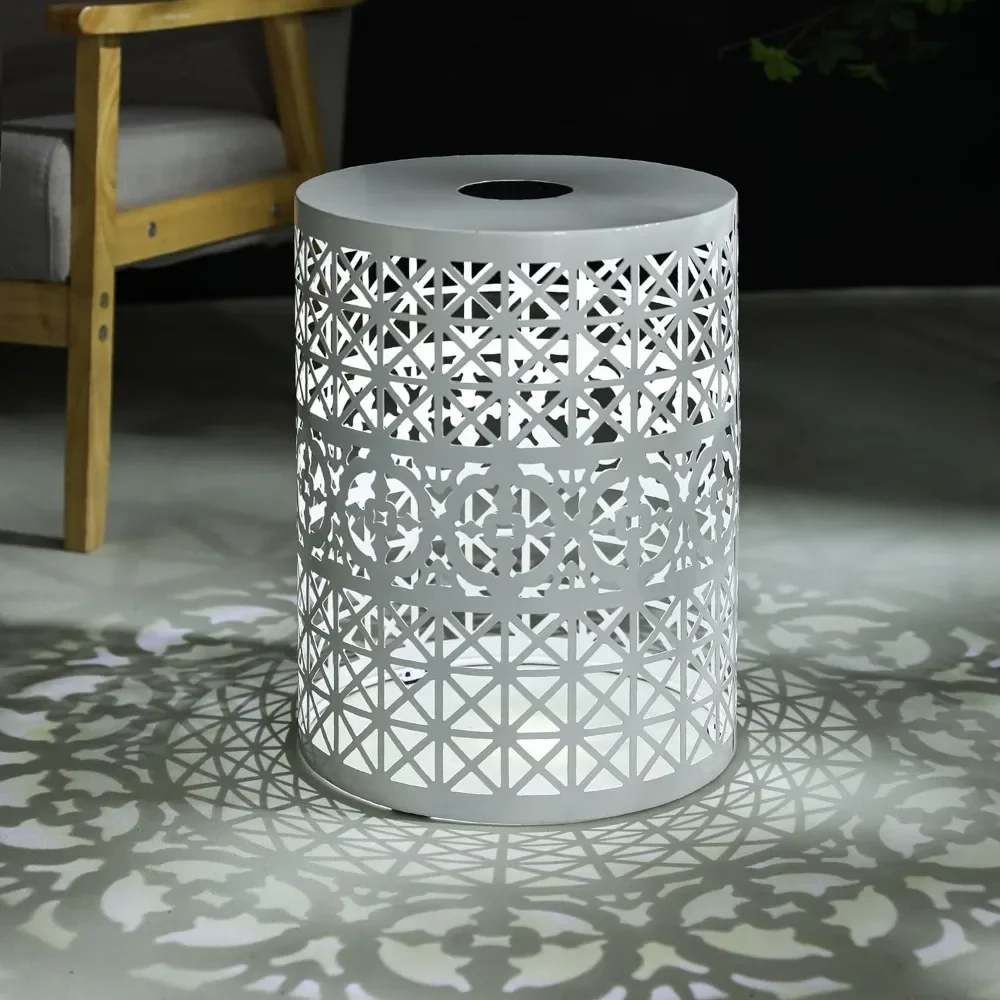 

Round Solar Iron Side Table with Built-in Light, Modern Design for Indoor and Outdoor Use, White