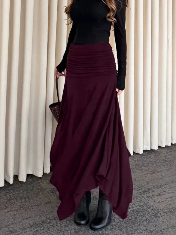 High Waist Knitted A-Line  Skirt Women's Autumn Winter Fashion Loose Meat Concealing Wine Red Half Skirt Women's Wear