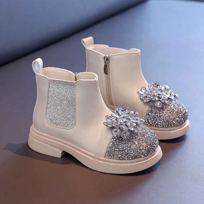 JGSHOWKITO Children Rhinestone Ankle Boots Glitter Platform Princess Boots for Girls Fashion Wedding Party Kids Leather Boots