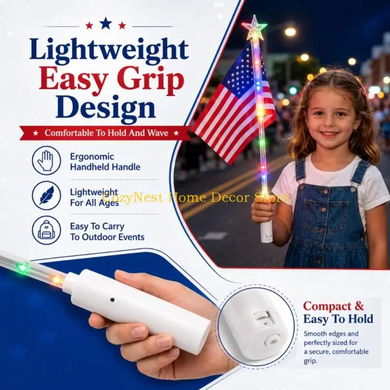 92MF Light Up Handheld American Flag Wand Patriotics Glow for Independence Day Decors Accessories 4Th of July Red White