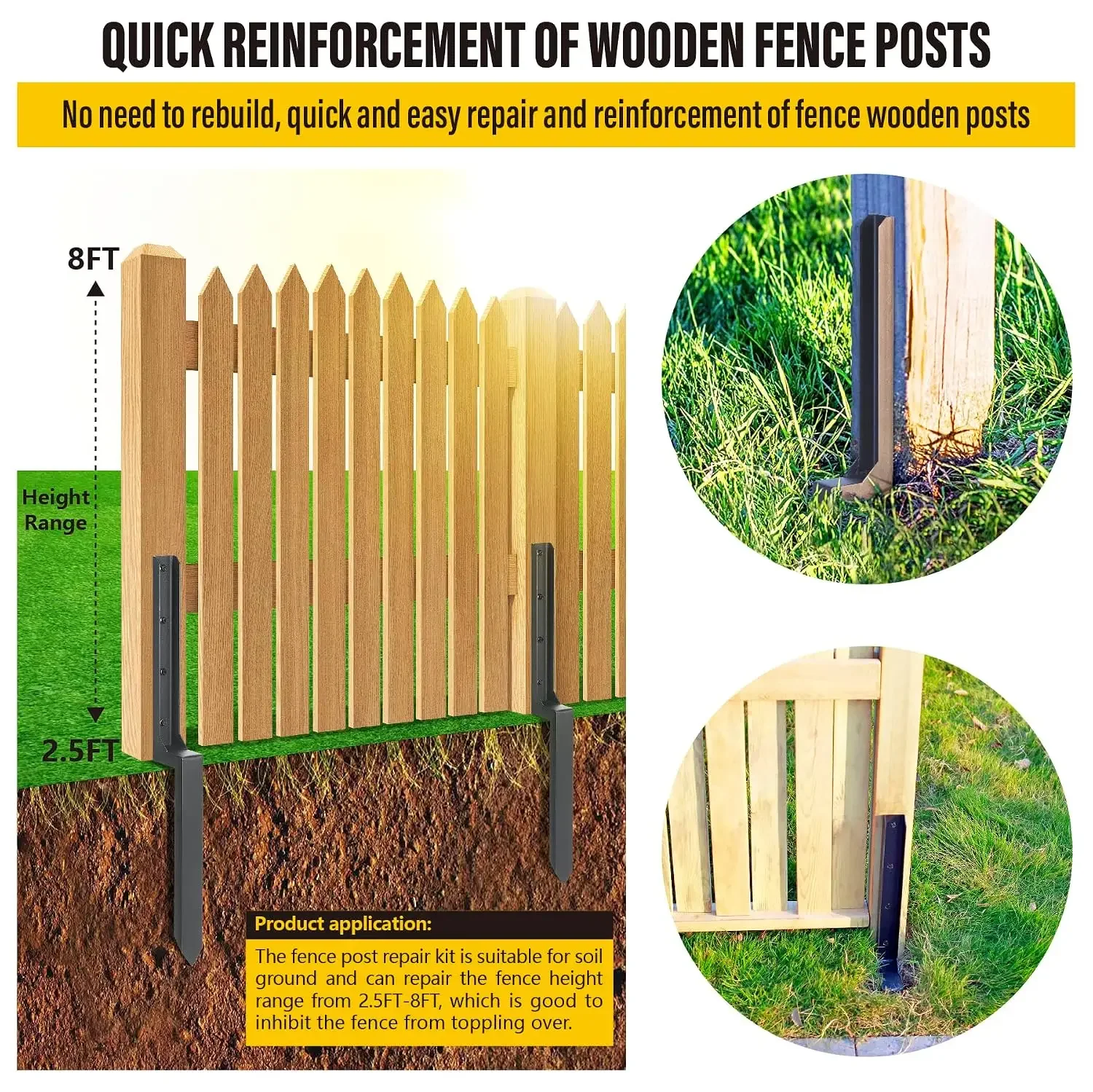 Heavy Duty Steel Fence Post Repair Stakes, Fence Post Anchor Ground Spike, for Repair Tilted/Broken Wood (8 Pack/Black