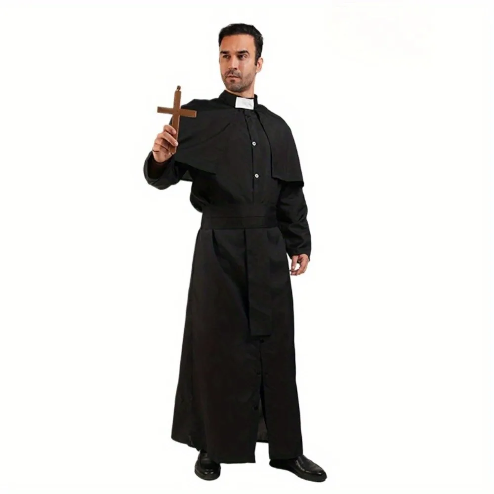 Robe de prêtre noire pour homme, tenue classique de clergé pour Halloween, cosplay, fête religieuse, uniforme missionnaire