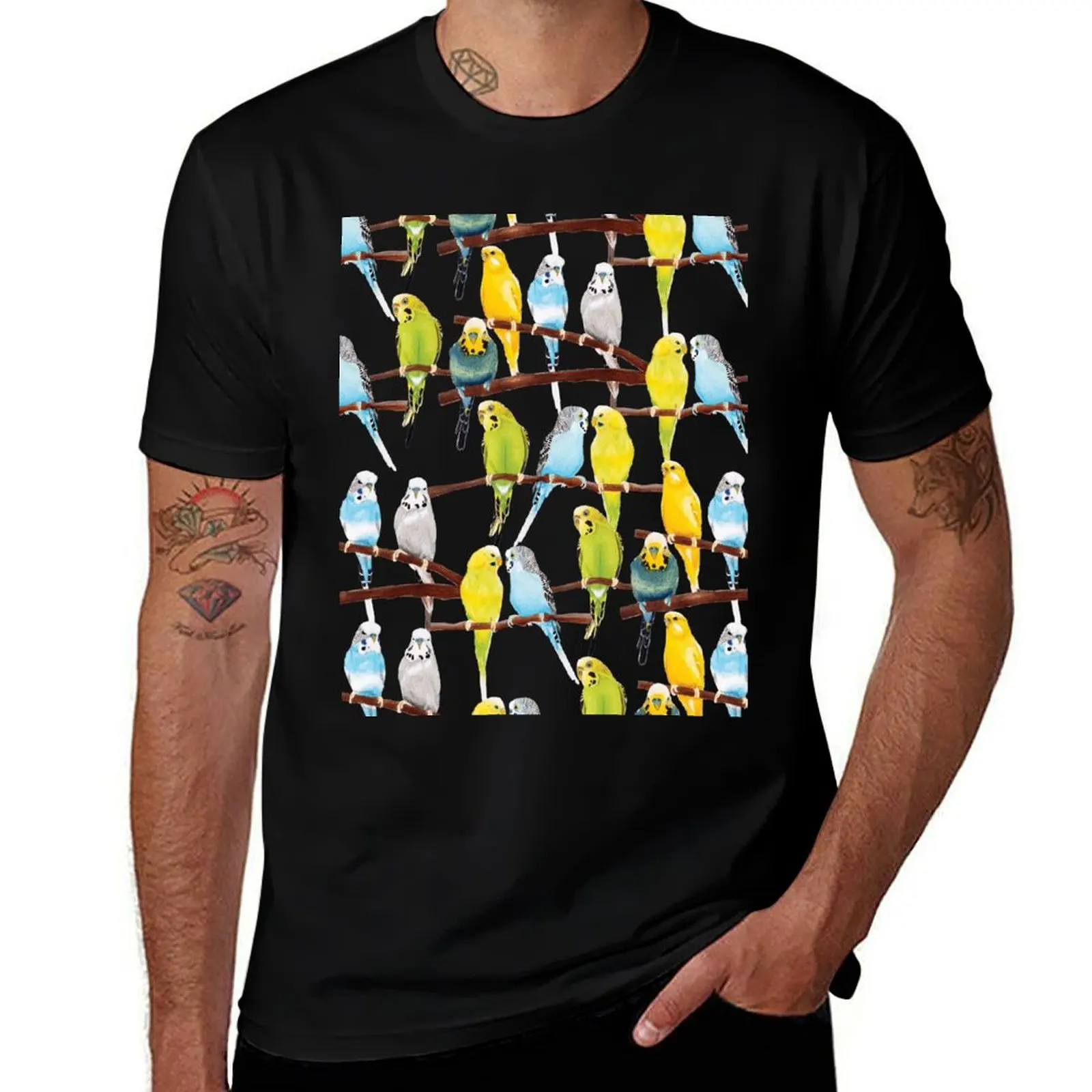 

Budgie pattern watercolour T-Shirt anime figures korean fashion blue lock men t shirts
