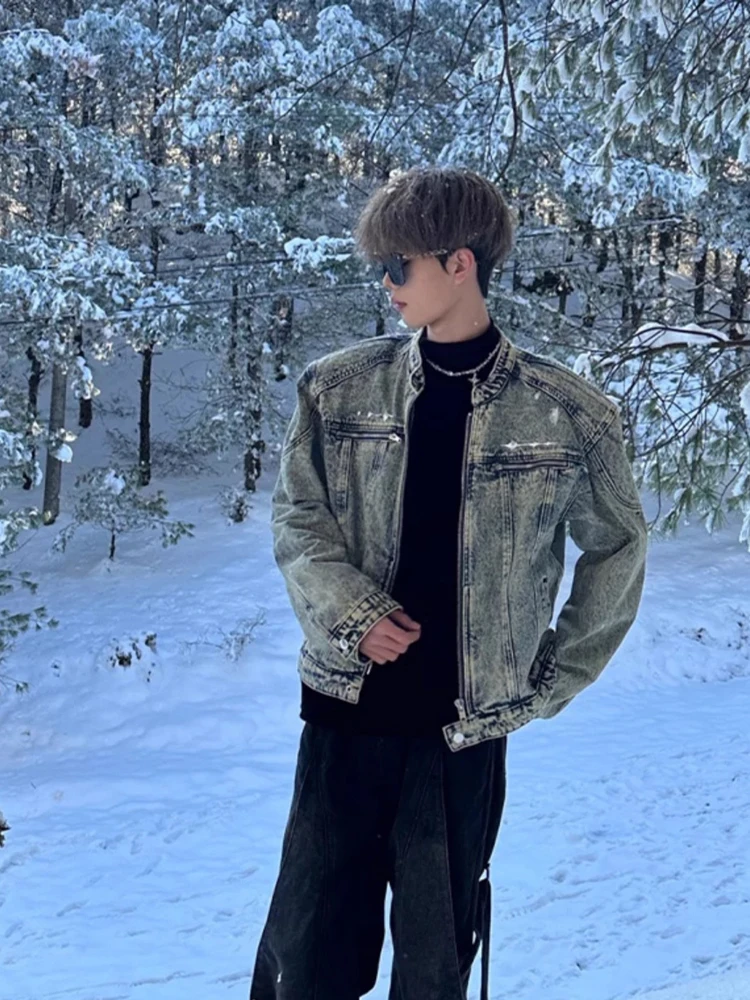 

Американский джинсовый тюнер Sle ort, мужской осенний джинсовый топ с воротником-стойкой и воротником-стойкой, модный свободный джинсовый топ с подушечками