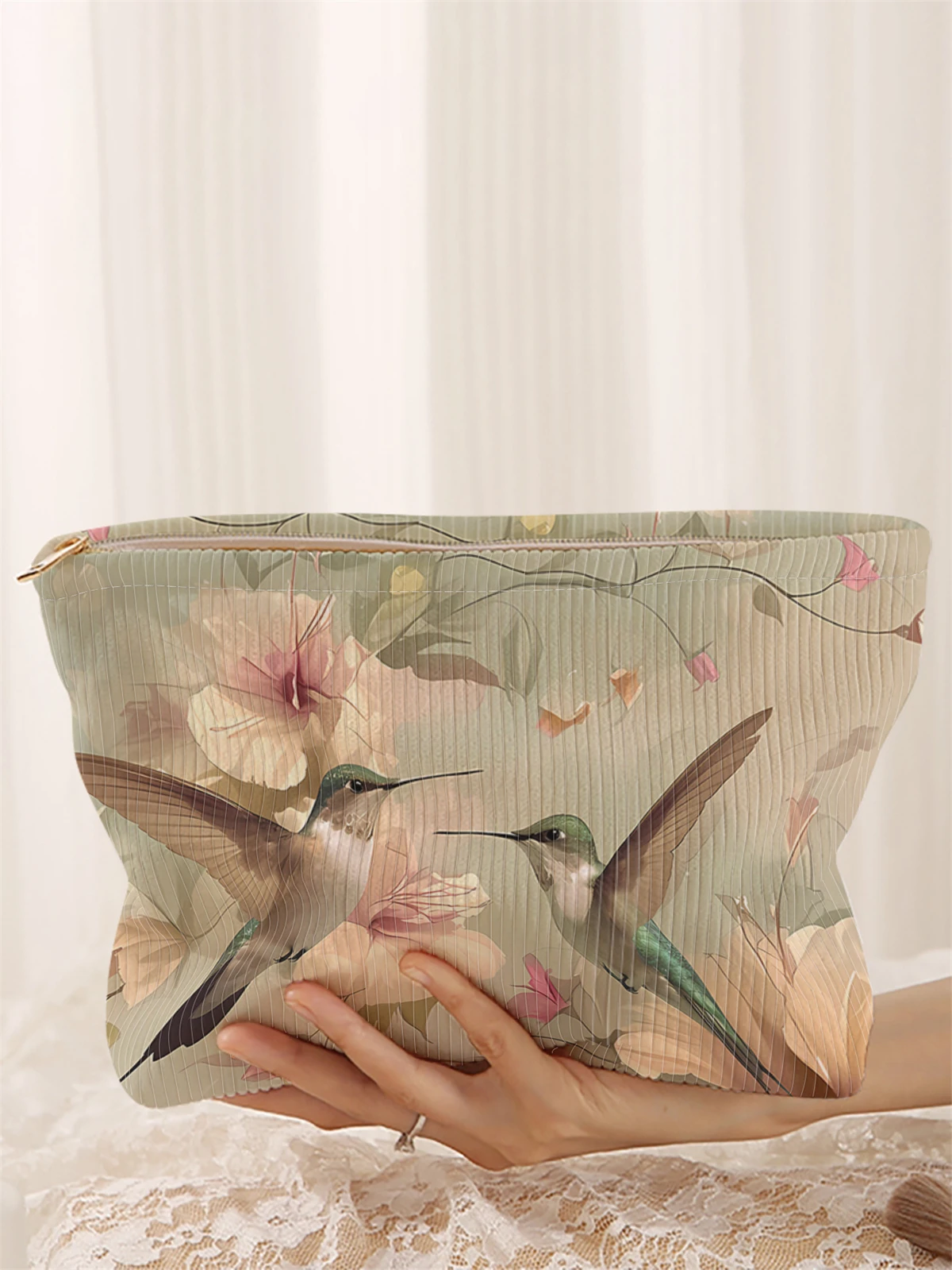 1 Corduroy Makeup Bag with Flower and Bird Pattern, Light Zipper Makeup Storage Box, Multifunctional Bag with Lining