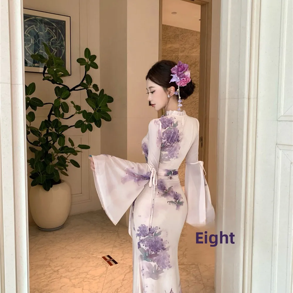 

V-Ne Bell Sve Printed Tulle Dr with Bow Knot And Wood ain Autumn New Sle Women's High Waist Long Dr