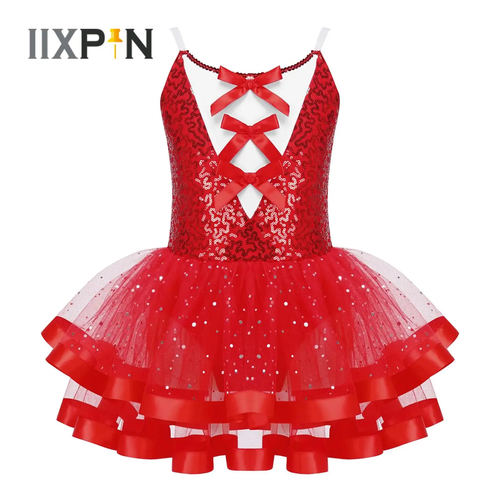 

Kids Girls Ballet Leotards Dress Sleeveless Adjustable Suspender Bowknot Shiny Sequins Tutu Mesh Dance Dress Christmas Costume