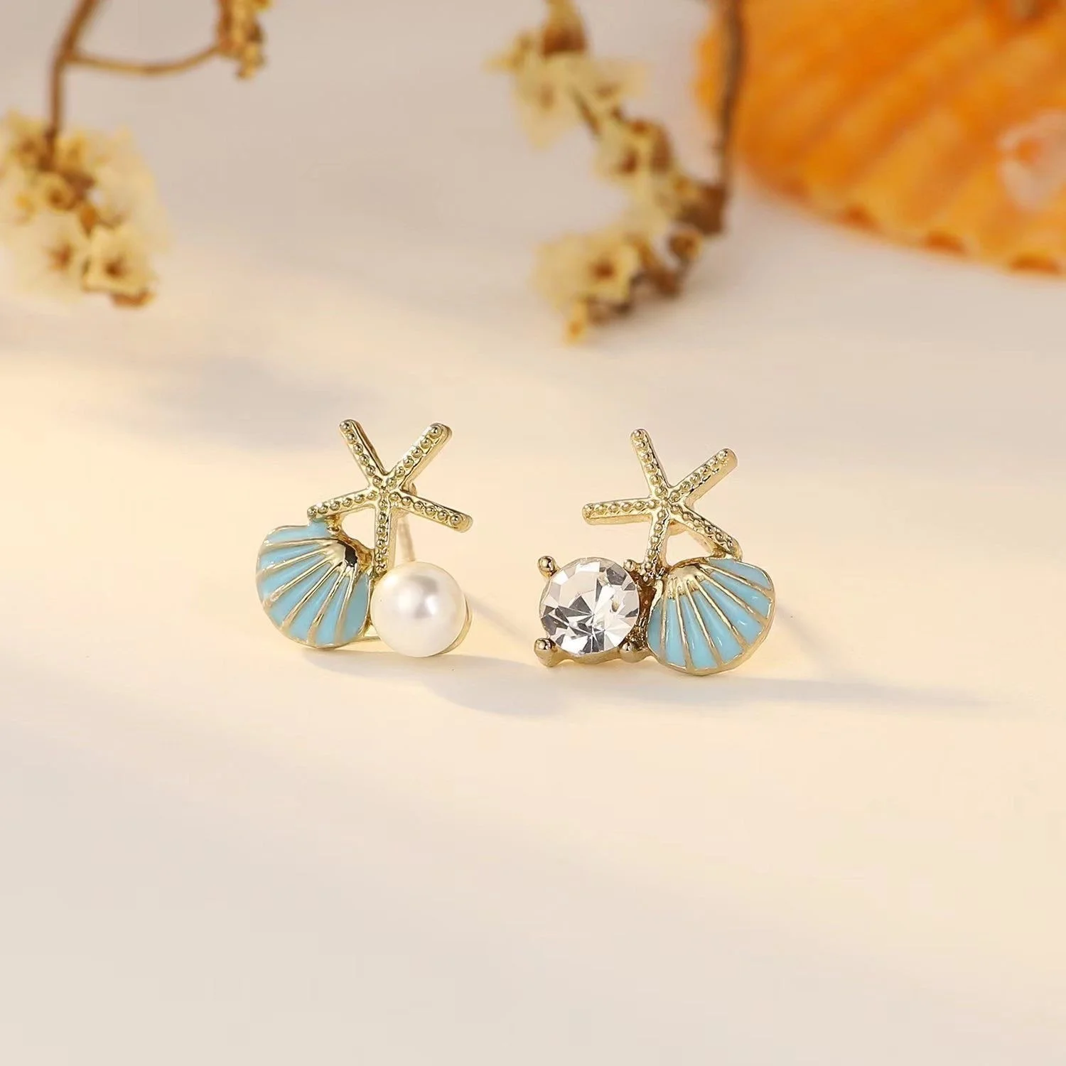 Modische Asymmetrische Ohrstecker im Ozean-Stil Direkt vom Hersteller für Frauen Imitationsperlen Seestern Muschel Ohrringe Zirkon Schmuck Geschenk – Detail 6