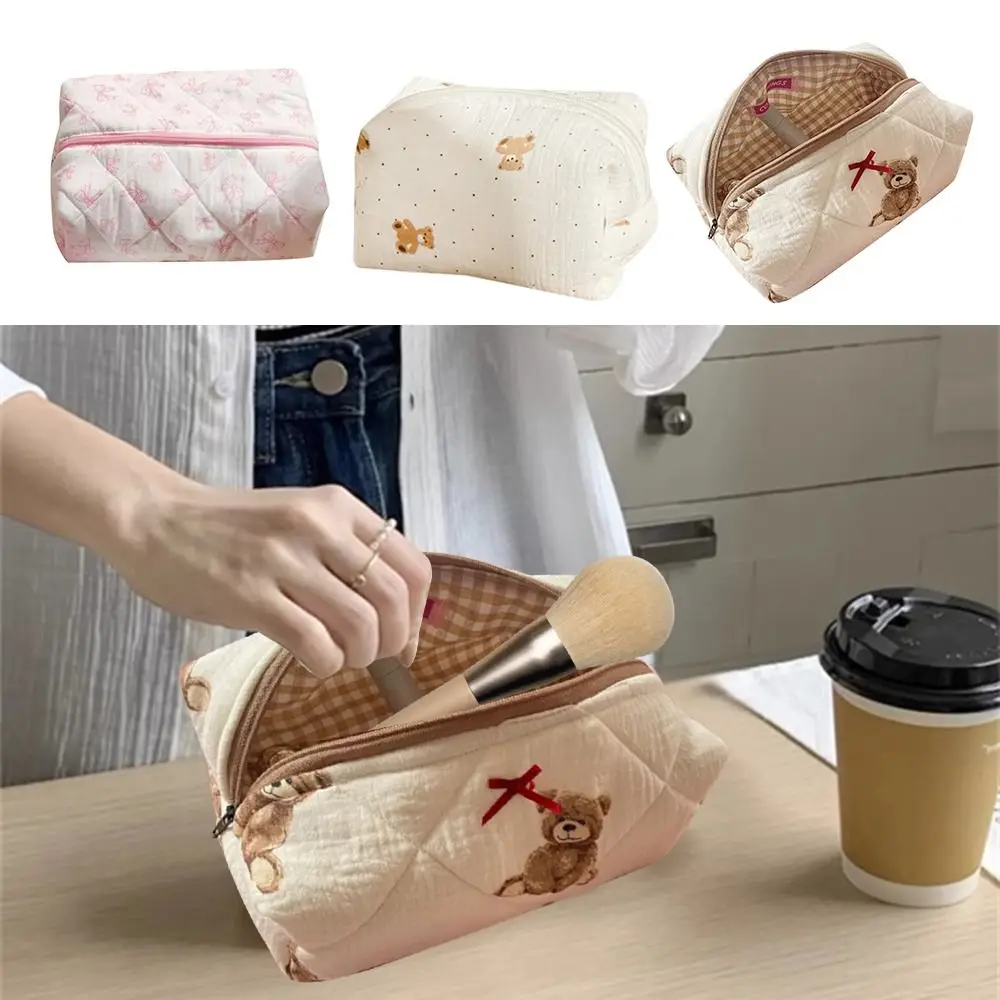 Cotton Quilted Makeup Bag Coquette Accessories Make up Bag Organizer Cute Bear Cosmetic Pouch Travel Makeup Bag for Women