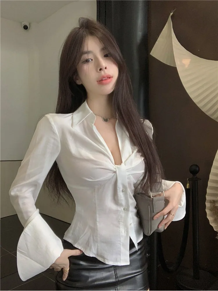 Sexy V-neck White Blouses Women Hotsweet Flare Sleeve Korean Fashion Slim Shirts Crop Transparent Tops Chic Aesthetic