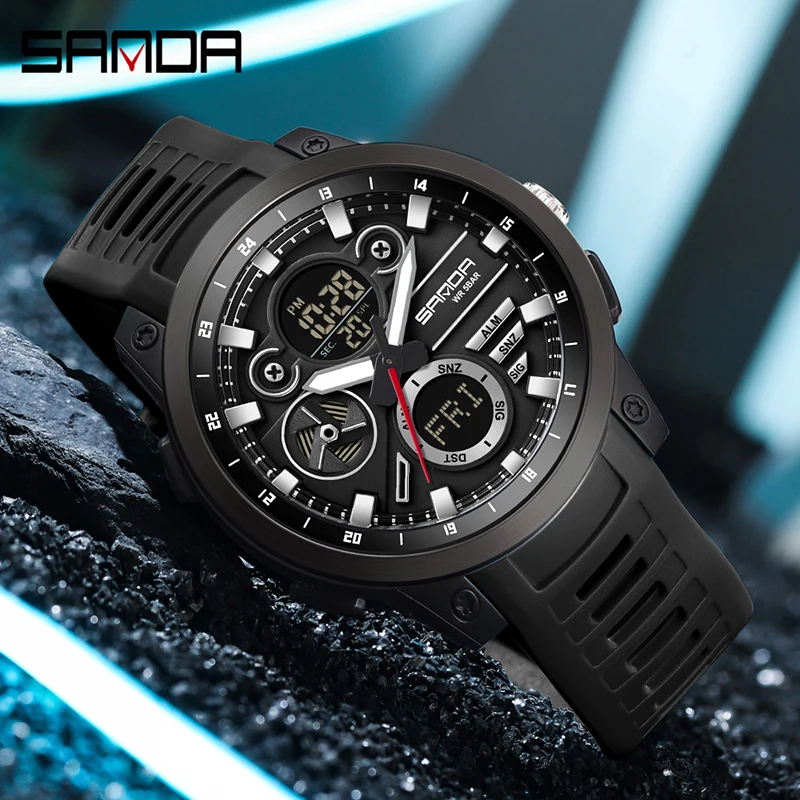 SANDA 3379 Men's Electronic Watch Dual Display Multifunctional Sports Wristwatch Waterproof LED Fashion Casual Watch