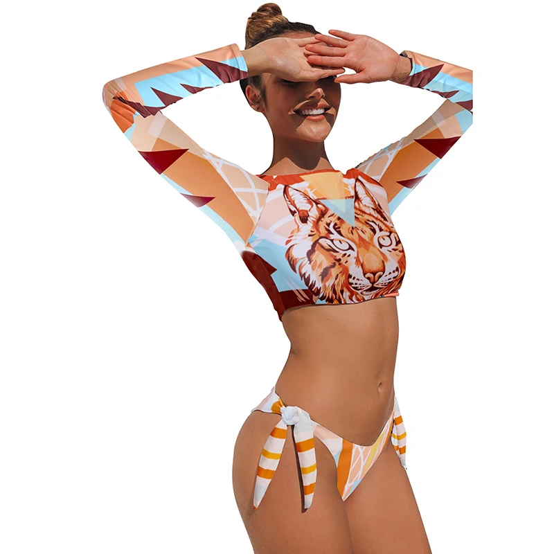 MUOLUX 2024 Tweedelige Bikini Set Lange Mouwen Badpak Crop Top Luipaardprint Tankini Zwemmen Sexy Badmode Vrouwen Badpak