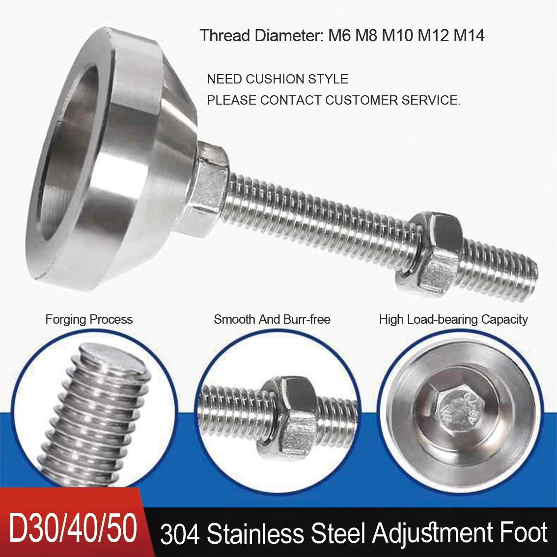 304 Stainless Steel Heavy-Duty Foot Cup Fixed Foot M6 M8 M10 M12 Screw Machine Tool Shockproof Anti Slip Adjustable Support Foot