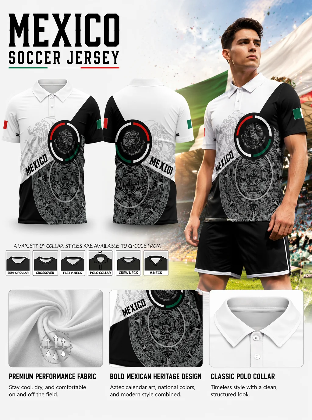 Classic Mexico heritage soccer polo. Iconic tribal graphics, moisture wicking material for matches and casual looks