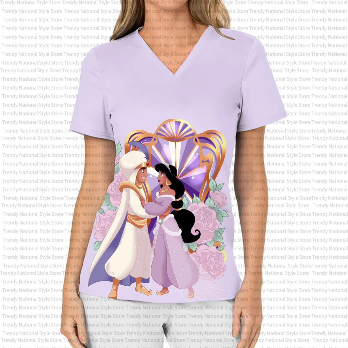 Nuevo uniforme de enfermera de verano para mujer, Top esmerilado con cuello en V estampado, camiseta de tienda de mascotas de Hospital de princesa Jasmine de Disney para mujer
