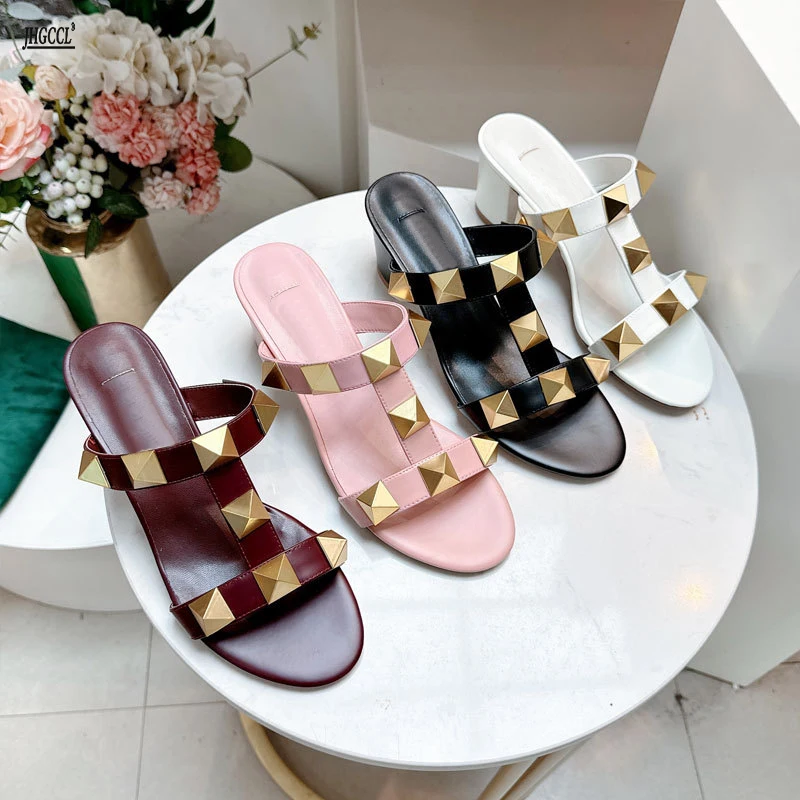 

Women's sandals summer Gladiator Heeled sandals luxury Heeled Slippers Rivets Open Toe High Heels Elegant Ladies shoes Women T74