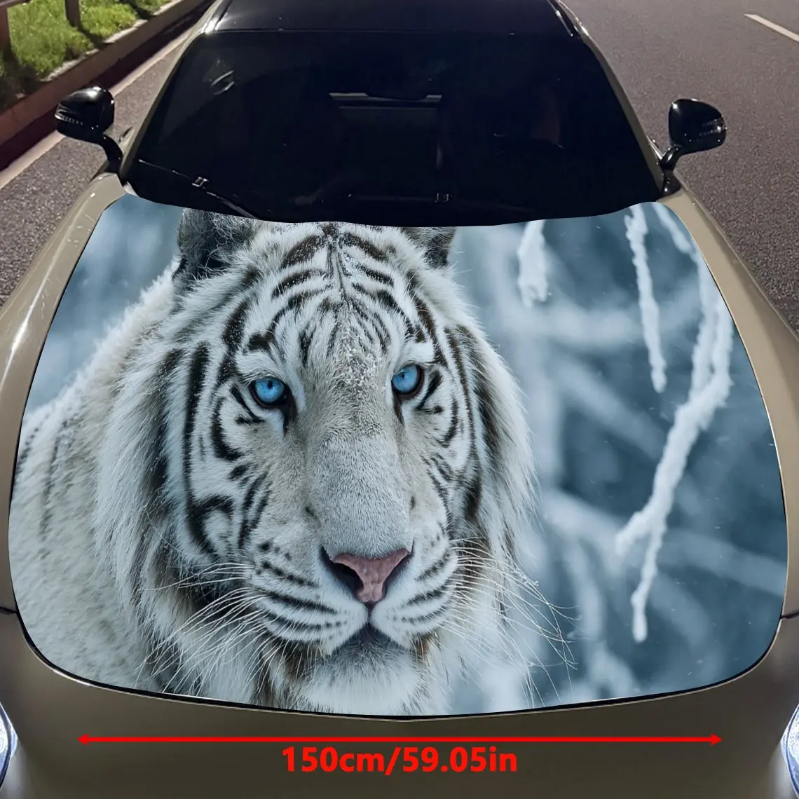 Elegant White Tiger in Snow Car Engine Hood Sticker, Auto Vinyl Wraps, Waterproof Self-adhesive Vehicle Decal, Durable & Anti-sc