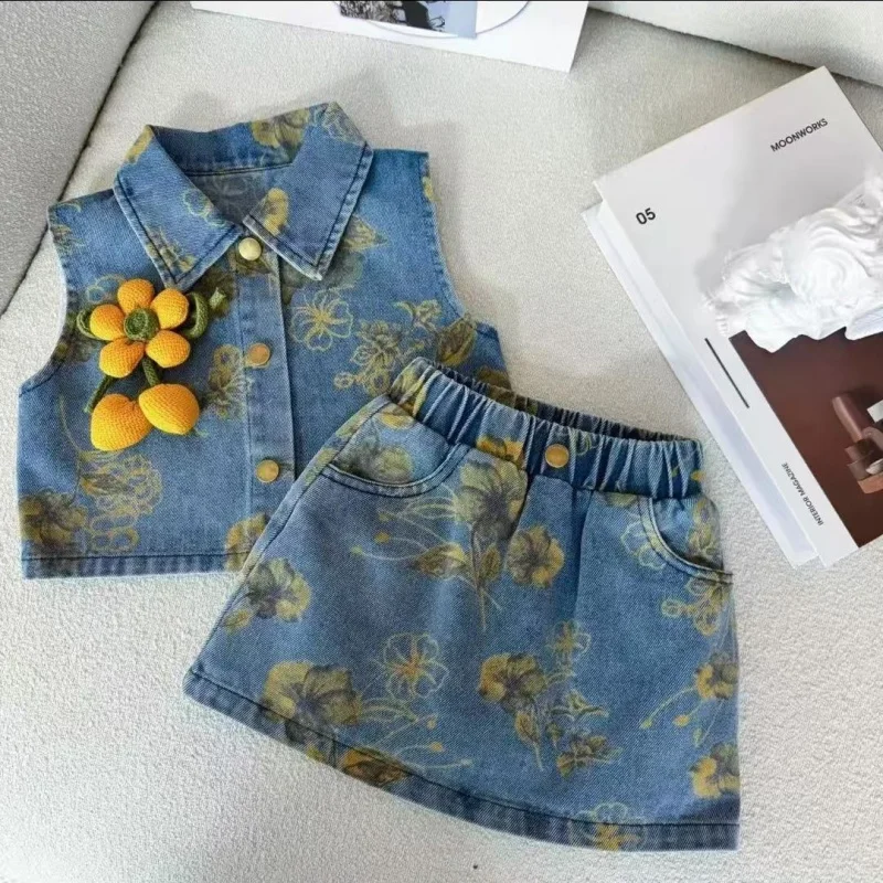 

Girls' Summer Sleeveless Denim Suit2025Children's Flower Denim Vest+Short Pantskirt Two-Piece Suit