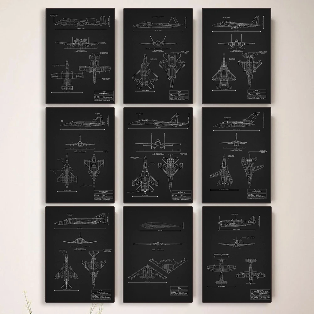 أبيض وأسود طائرة مخطط ملصق ، الحديثة قماش اللوحة ، طائرة مخطط ، الطيران الجدار ، ديكور المنزل ، الطيار هدية #1