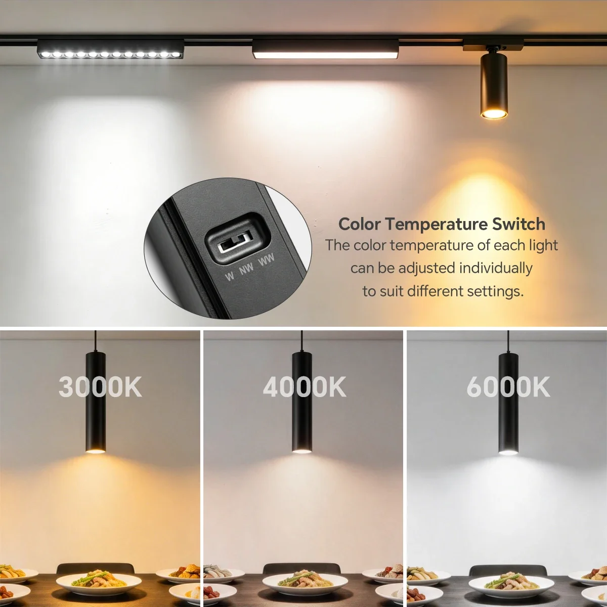 Multi-Type LED Magnetic Track Light Fixtures, 8mm Slim Rail System with Grille/Flood/Pendant Lights 3 Color for Ceiling Decor