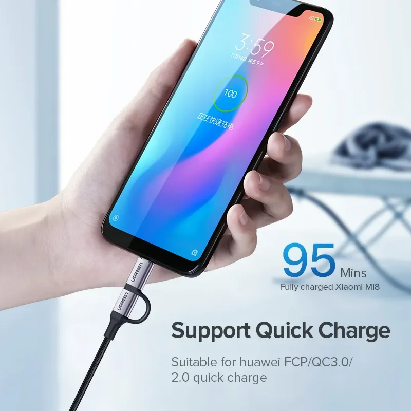 UGREEN Portable Charging Cable Multifunction 2 in 1 Charging Cable USB 2.0 a to USB Type C and Micro USB Cable Cord for Android
