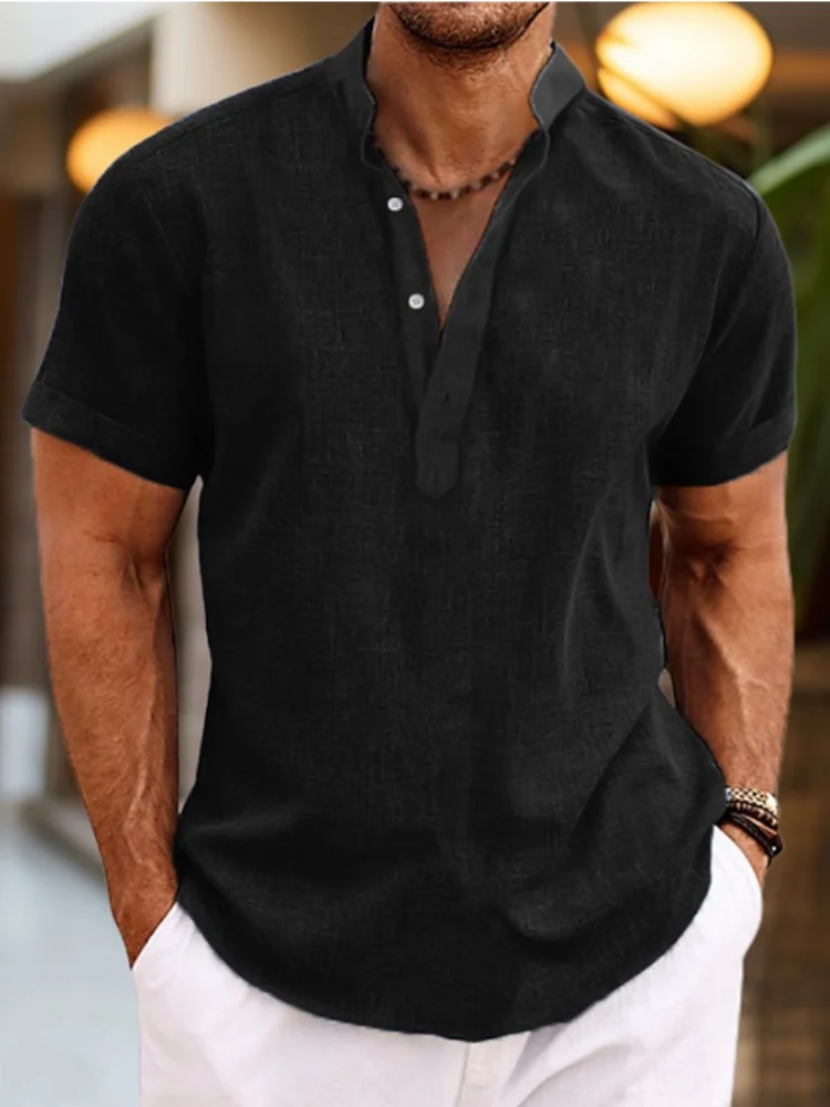 

Summer Solid Color Henley Shirts Men's Casual Oversized Button Stand Collar Short Sleeve T Shirt Tees Tops Man Clothing