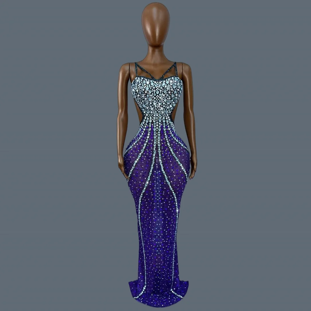 

Luxury Purple Blue Sparkly Rhinestone Cutout Mermaid Maxi Dress Women Spaghetti Strap Stage Backless Sexy Evening Gown Heiyuwei
