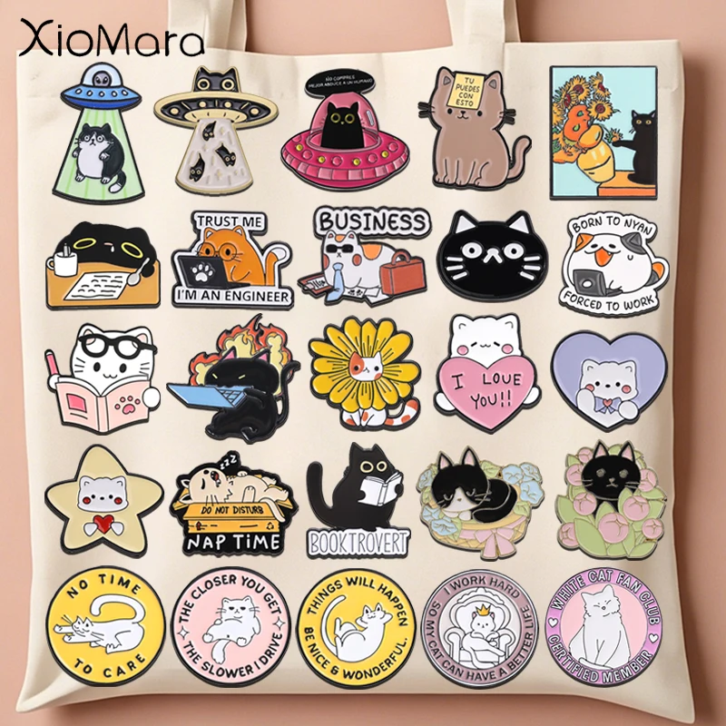 Cute UFO Space Cat Enamel Pins Engineer Working Kitten Bookworm Cat Chonky Cartoon Animal Brooches Lapel Badge Jewelry Gifts