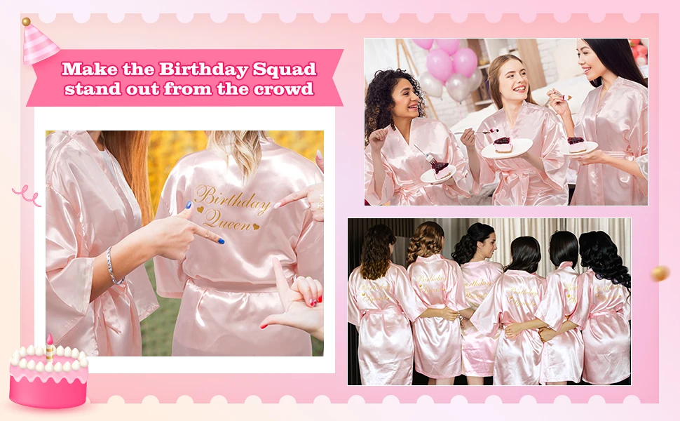 6 Pcs Women's Birthday Squad Robes Birthday Party Queen Spa Bathrobe Kimono Spa Robe Sleepover Party Robes Silky Gown