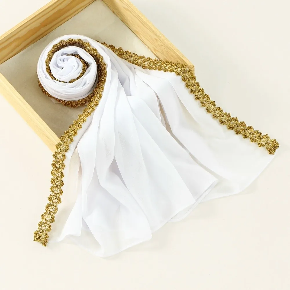 

Chiffon Material Eid al-Fitr Hijab Soft Breathable Golden Wave Modest Covering Scarf Premium Embroidery Solid Color Shawl Wrap