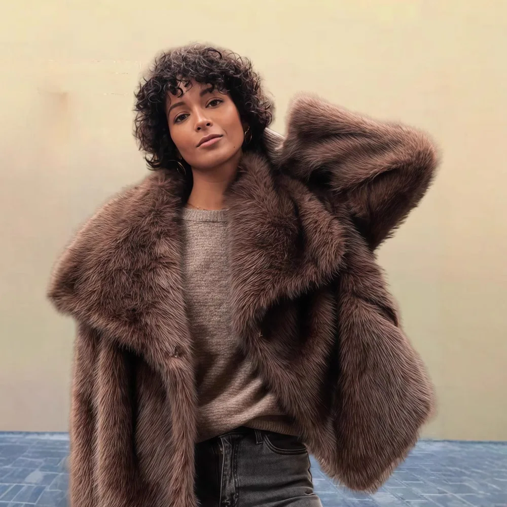 أنيقة براون رقيق فو الفراء رشاقته سترة أنيقة الإناث التلبيب طويلة الأكمام معاطف قصيرة الخريف الشتاء سيدة الشارع ملابس خارجية #4