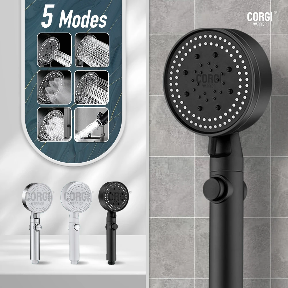 High Pressure Shower Head 5 Settings Handheld Showerhead with ON/Off Full Shutoff Push Button Switch Control Flow Water Saving