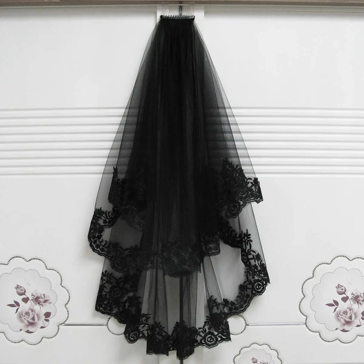 Black Lace Veil Tulle Sheer Wedding Bride Costume Headwear With Comb for Halloween