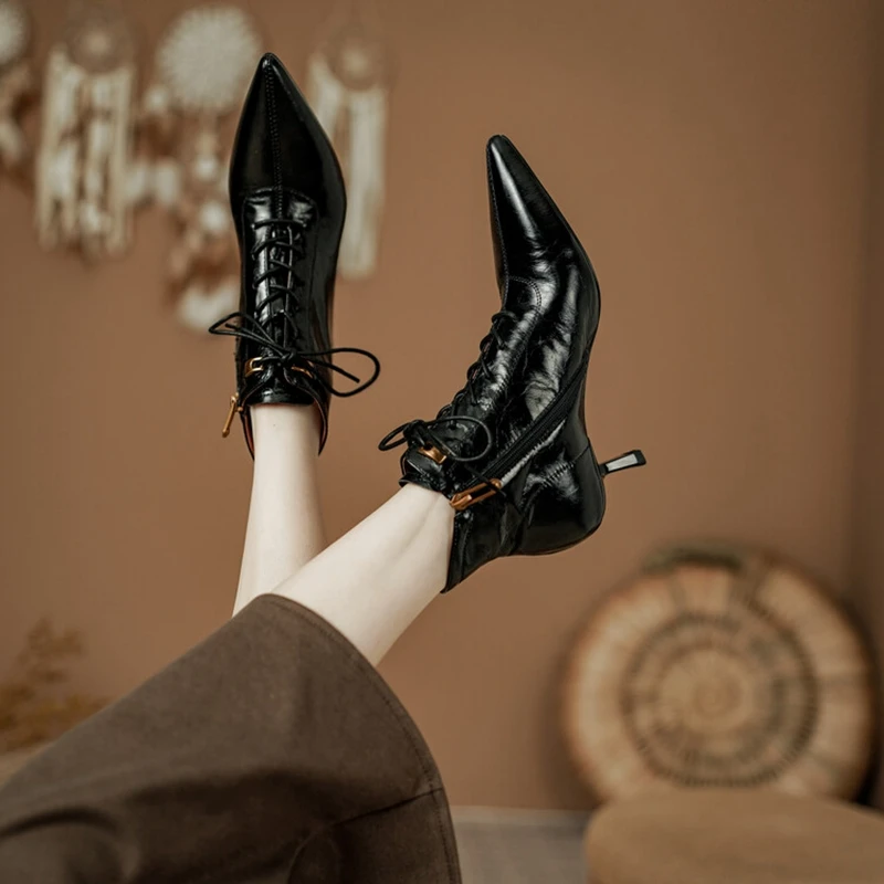 NEW Autumn Women Boots Pointed Toe Thin Heel Boots Genuine Leather Shoes for Women Elegent Zipper Ankle Boots Solid Winter Boots