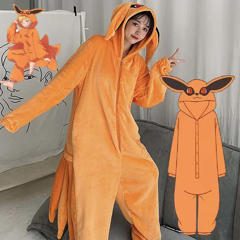 Anime Kurama Nine Tailed Fox Pajamas Cosplay Costume Flannel Home Adult Sleepwear Jumpsuits Kurama Flannel Nightgown Suit