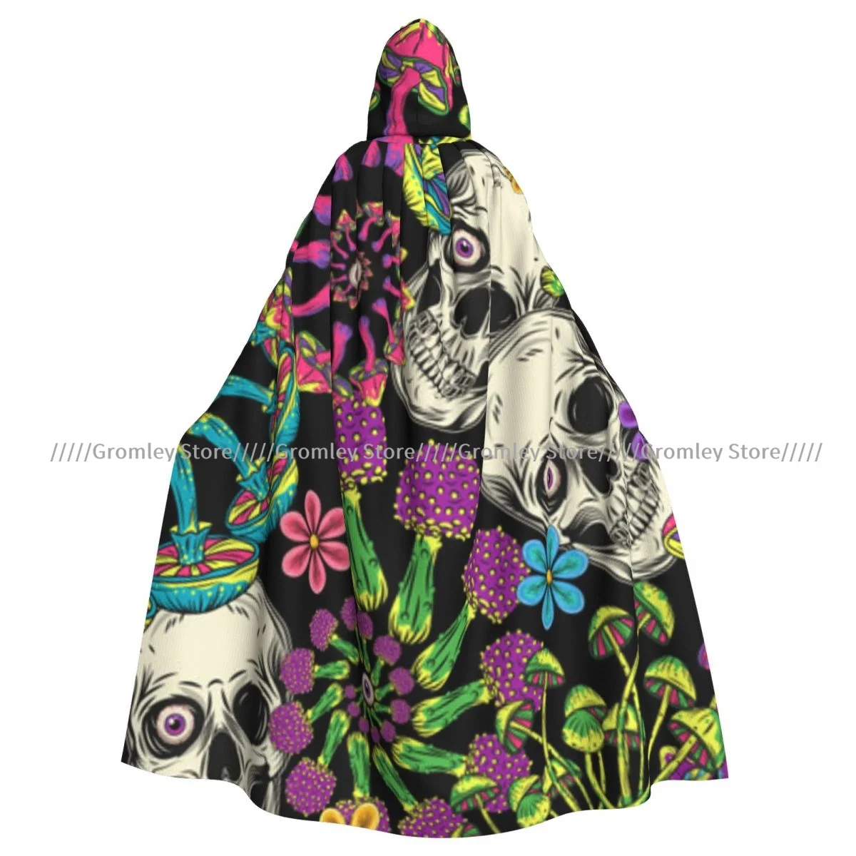 Medieval Cosplay Cloak Hooded Coat Mushrooms Chamomiles Eyeballs Fractal Spiral Cape Coat Long Trench Costume Wizard Cloak