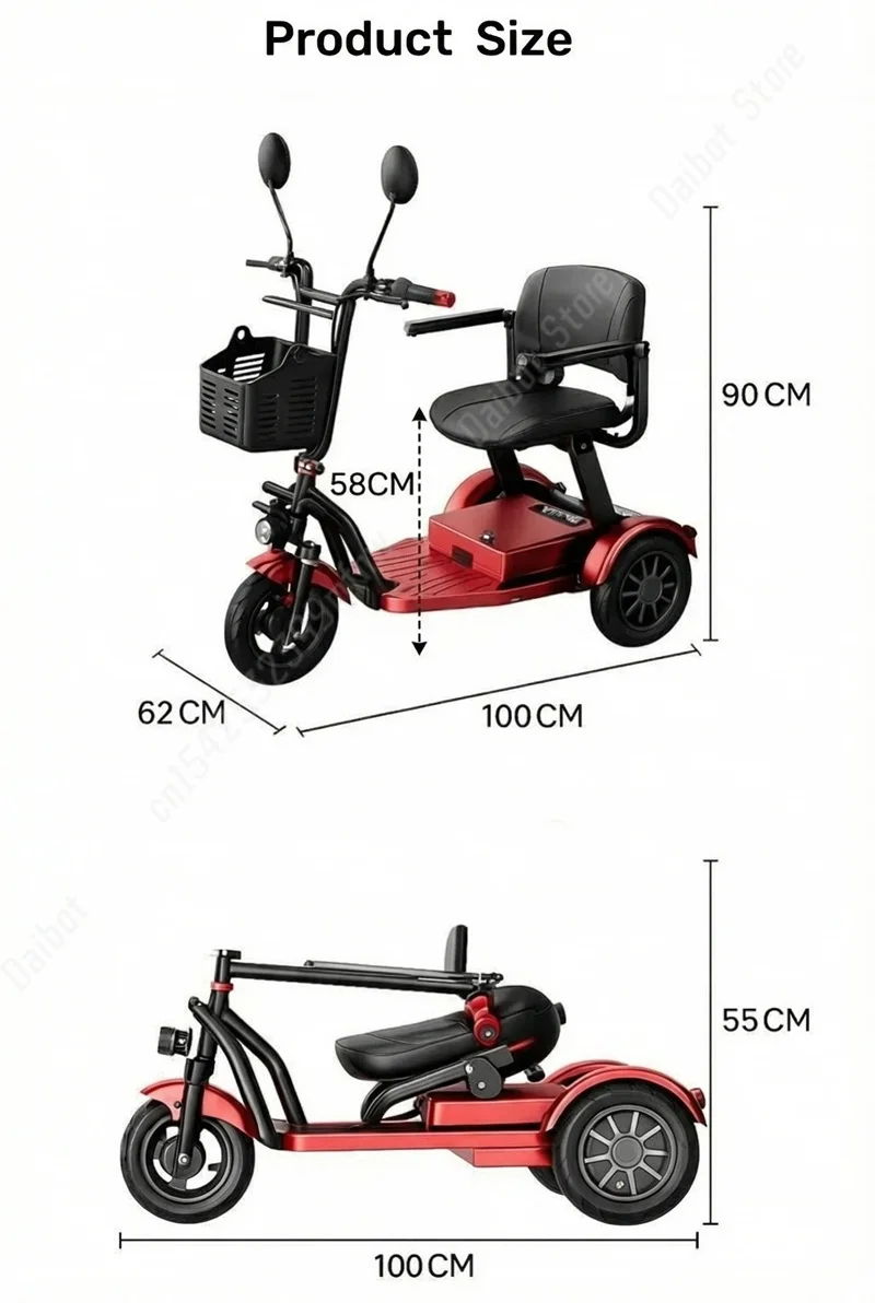 Elektrisches Dreirad, leicht, faltbar, Mini, für Senioren, 48V 20Ah, leistungsstarker Elektroroller, 3 Räder, 1000W, für Damen, Rot, Schwarz – Detail 18