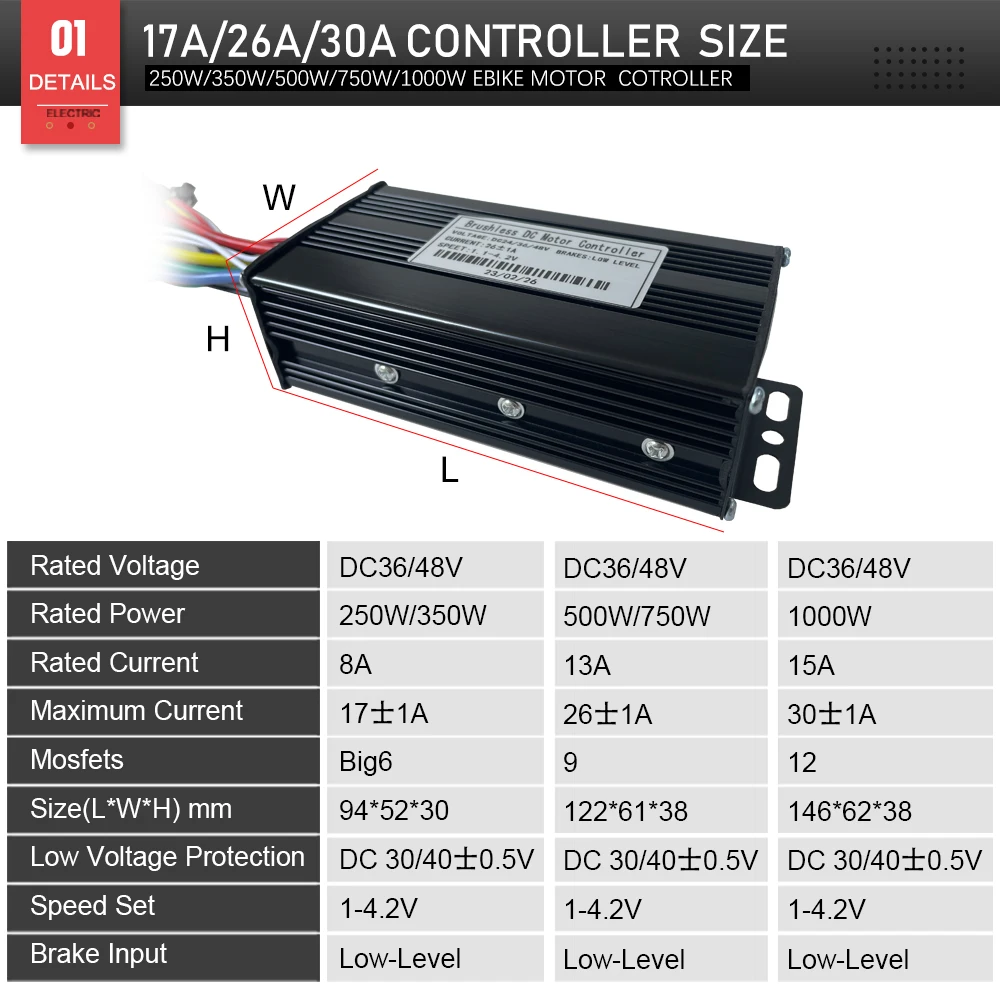 Ebike Sinewave Controller 36V/48V 17A 26A 30A tre modalità con Display LCD V889 per bici elettrica senza spazzole o con Hall