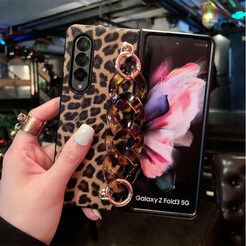 Luxury Leopard Print PU Leather Phone Case For Samsung Galaxy ZFold 7 ZFold6 ZFold 5 4 3 Cover with Wrist Strap for Woman Girl