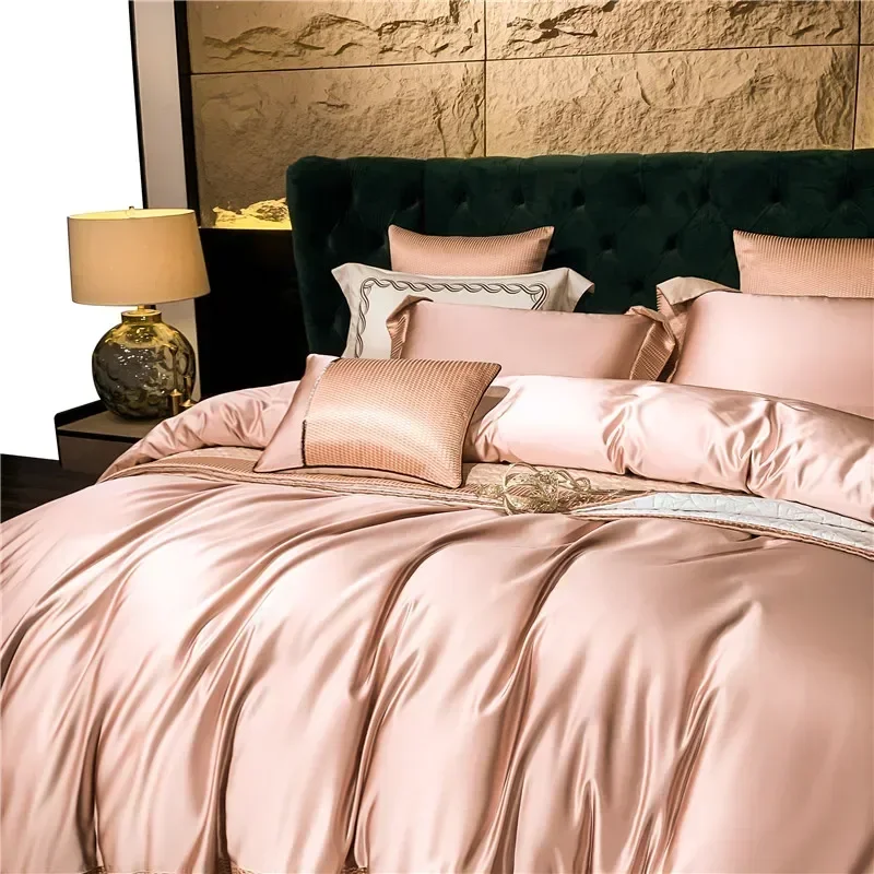 Hot Sales 1200TC Egyptian Cotton Satin Surface Bedding Set Queen Size King Size Duvet Cover Bed Sheet Pillow Cover Pink