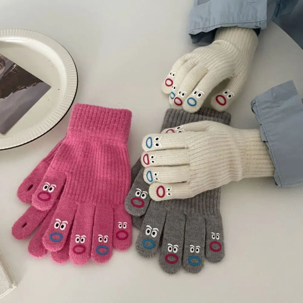 

Solid Color Emoticon Gloves Lovely Cartoon Woolen Knitted Gloves Windproof Korean Style Full Finger Gloves Ladies