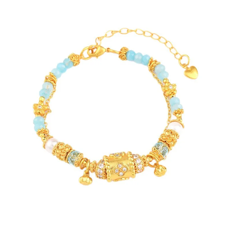 Long-standing 18K Gold-plated Golden Diamond Four-leaf Clover Lucky Beads Blue Crystal Bracelets Chinese High-grade HandString